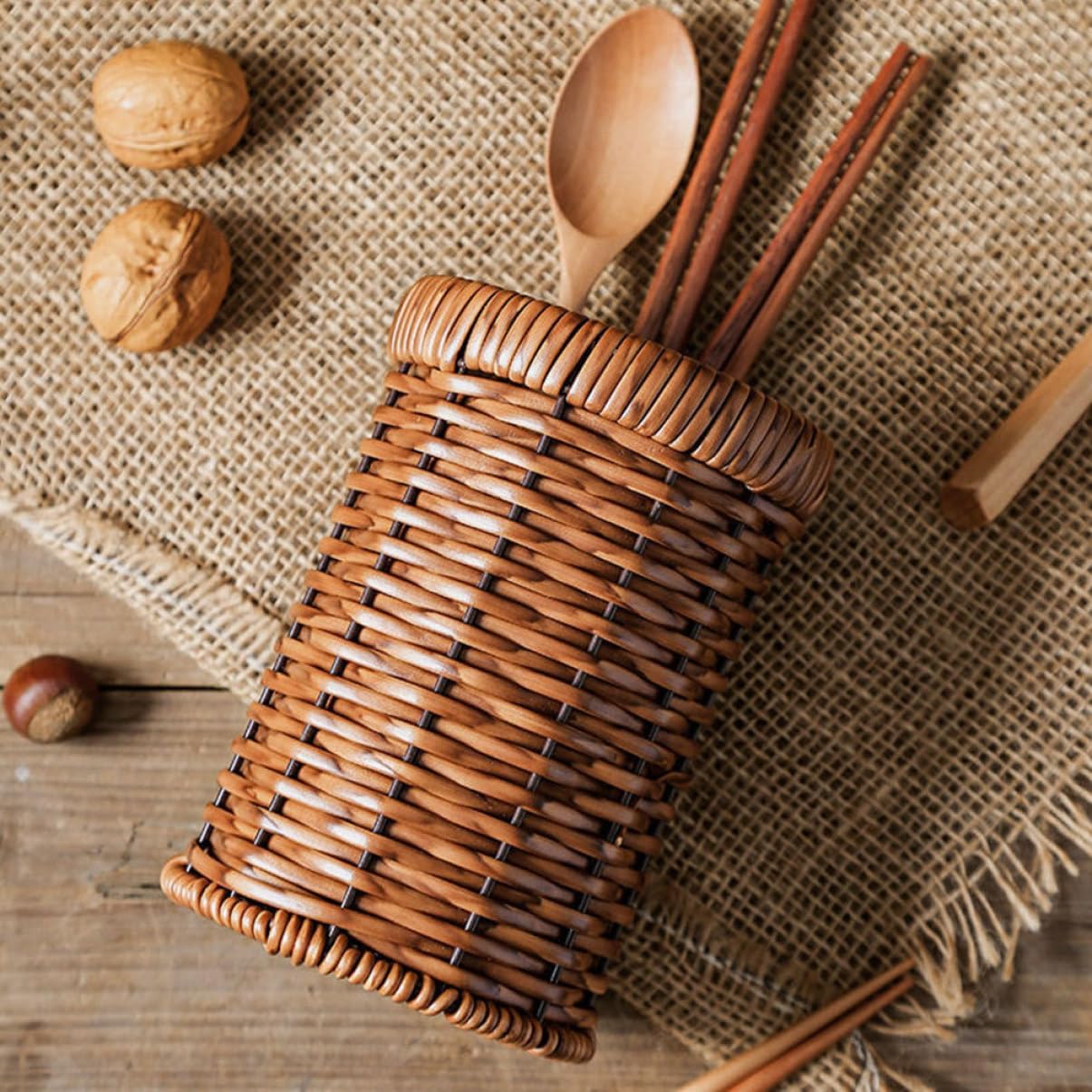 1Pc Rattan Woven Tableware Creative Stationery, Kitchen Accessories Holder