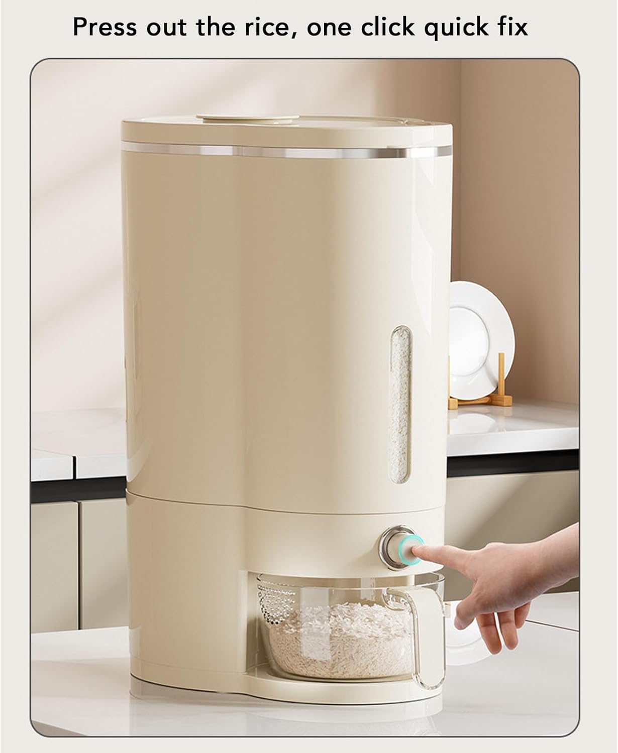 Moistureproof Rice Dispenser with Lid Measuring Cup, Cereal/Rice Dispenser Bucket Food Organization for Home Kitchen