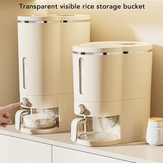 Moistureproof Rice Dispenser with Lid Measuring Cup, Cereal/Rice Dispenser Bucket Food Organization for Home Kitchen