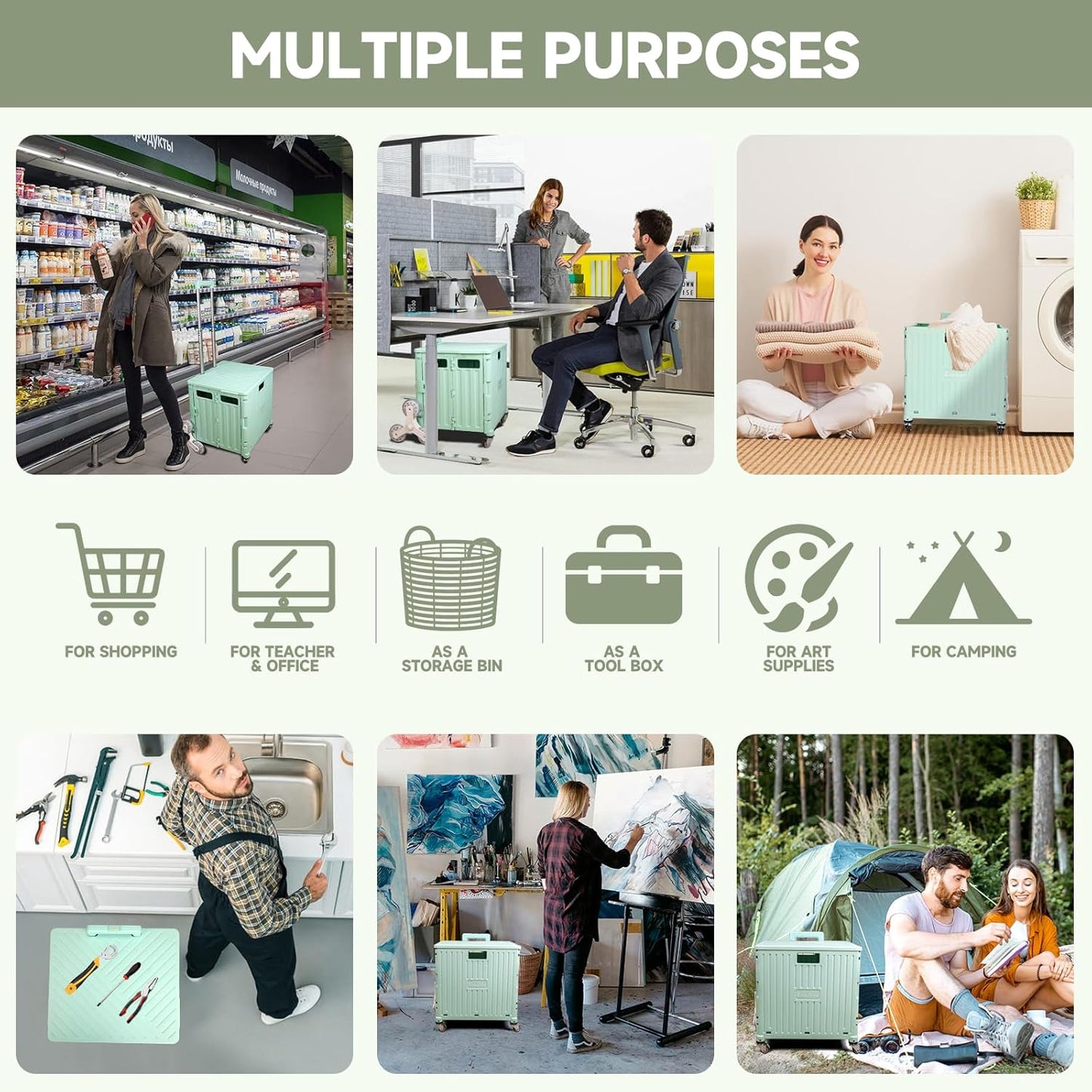 Folding Rolling Crate with Wheels, Heavy Duty Storage Cart, Foldable Portable Shopping Carts for Outdoors