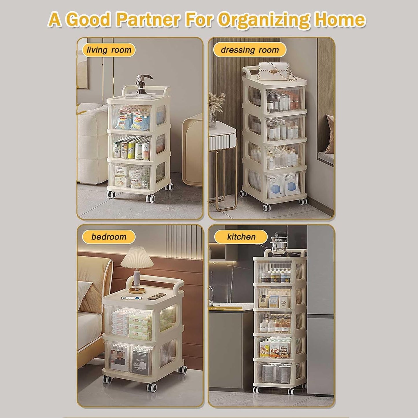 Rolling Storage Cart - Versatile Bedside Table with Wheels Rolling Cart Organizer