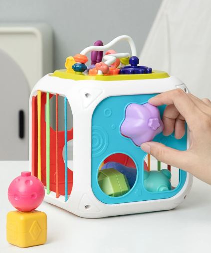 7 in 1 Multifunction Baby Activity Cube, Montessori Sensory Shape Sorter Educational Toys for Kids 1, 2, 3 Years