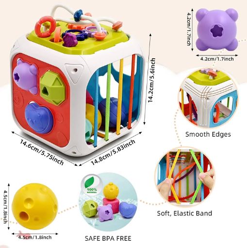 7 in 1 Multifunction Baby Activity Cube, Montessori Sensory Shape Sorter Educational Toys for Kids 1, 2, 3 Years