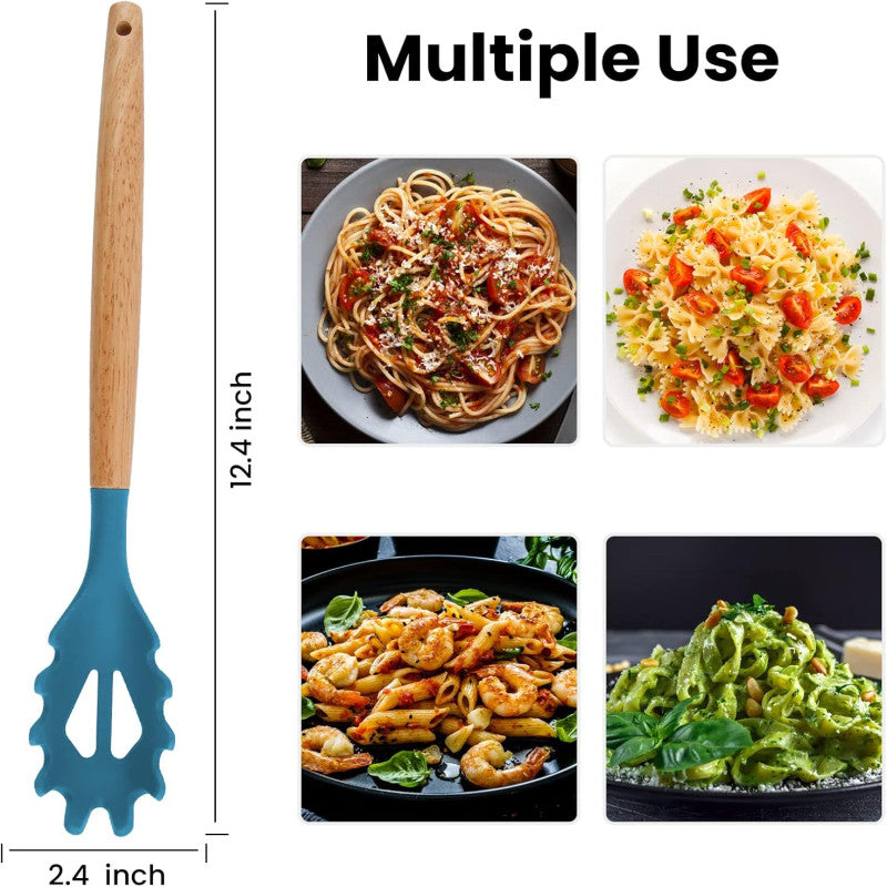 Silicone Noodle And Pasta Spoon With Wooden Handle