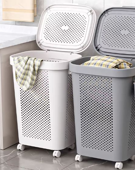 White & Grey Slim Laundry Hamper 60L Capacity Clothes Basket with Lid for Wardrobe Storage