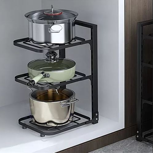 1pc Adjustable 3-Tier Black Stainless Steel Pot Rack - Space-Saving Kitchen Organizer with Multi-Shelved Storage Solution, Ideal for Home & Restaurant