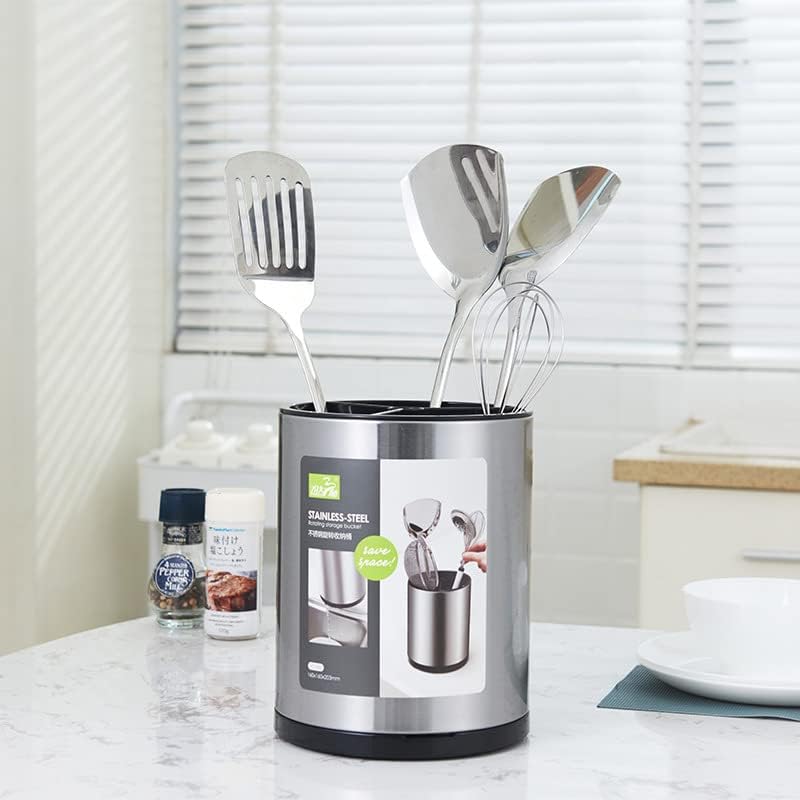Stainless Steel Cooking Utensil Holder, 360° Rotating Kitchen Utensil Holder, Utensil Caddy Storage Organizer for Countertop