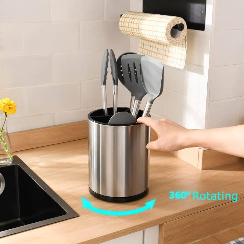 Stainless Steel Cooking Utensil Holder, 360° Rotating Kitchen Utensil Holder, Utensil Caddy Storage Organizer for Countertop