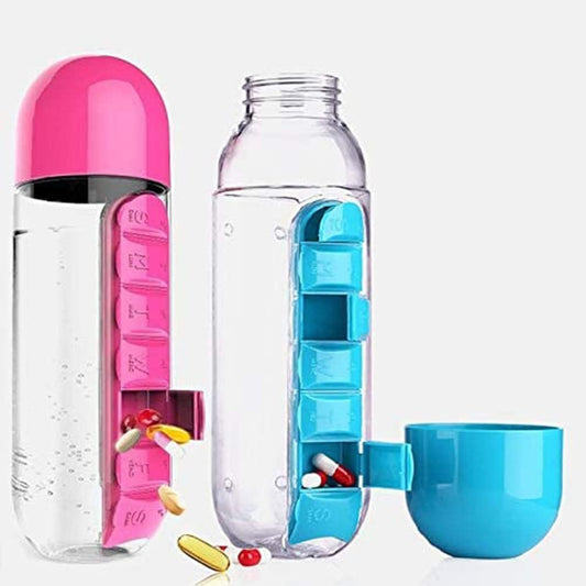 Water Bottle with Weekly Pill Organizer & Detachable Cup
