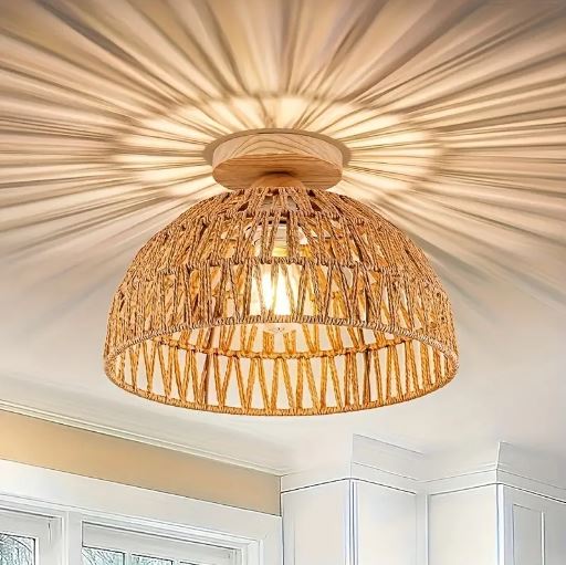 1pc Woven Rattan Ceiling Light, Handcrafted Chandelier for Kitchen, Living Room, Bedroom, Cafe