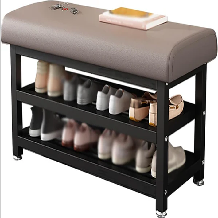 Shoe Bench Organizer with Cushion - 2 Tier Steel Shoe Rack Storage Bench