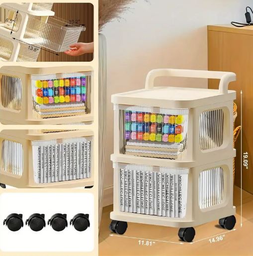 2-Drawer Rolling Storage Cart - Versatile Bedside Table with Wheels Rolling Cart Organizer