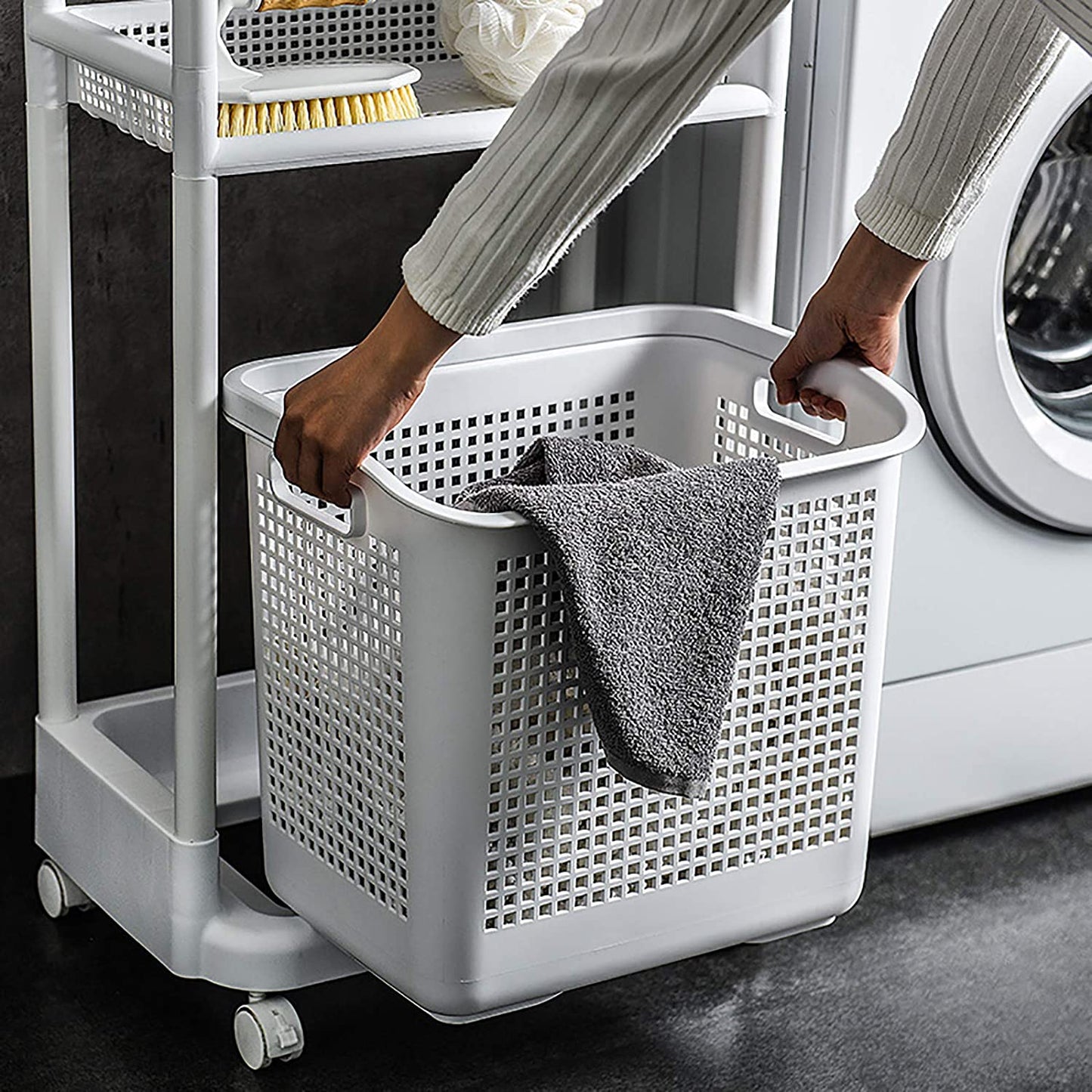 2-Tier Laundry Basket Organizer Trolley Plastic Cart Shelf Rack with Laundry Storage Basket Perfect for Kitchen Bathroom Laundry