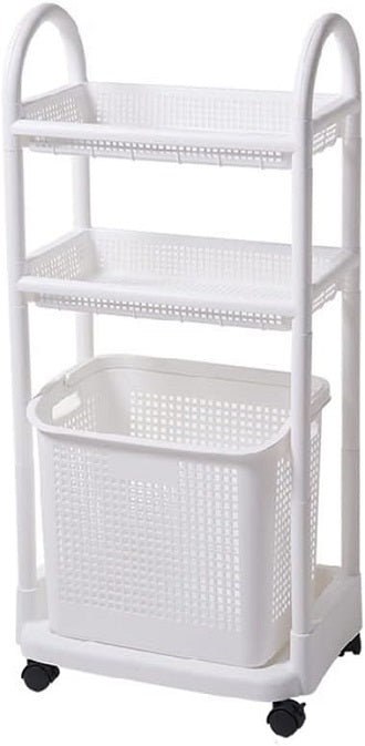 2-Tier Laundry Basket Organizer Trolley Plastic Cart Shelf Rack with Laundry Storage Basket Perfect for Kitchen Bathroom Laundry