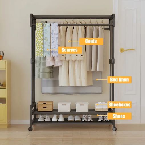 Freestanding Vertical Garment Organizer for Bedroom and Balcony, Space-Saving Design with Multiple Hanging Bars, Clothes Organizer Storage, Drying Racks