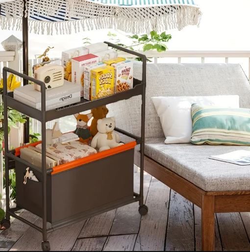 2-Tier Rolling Storage Cart with Handle - Durable Plastic & Metal, Mobile Organizer for Office, Kitchen, Laundry, Outdoor - White/ Black/ Dark Green