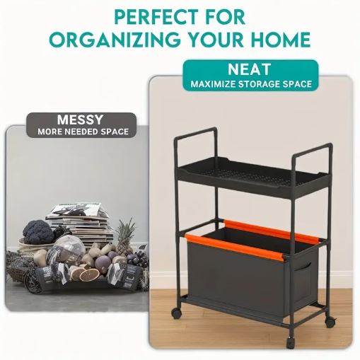 2-Tier Rolling Storage Cart with Handle - Durable Plastic & Metal, Mobile Organizer for Office, Kitchen, Laundry, Outdoor - White/ Black/ Dark Green