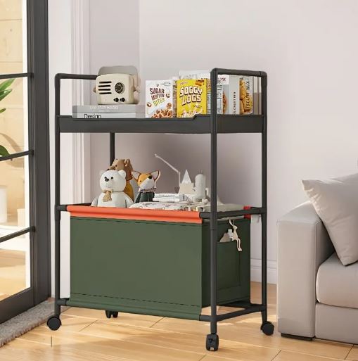 2-Tier Rolling Storage Cart with Handle - Durable Plastic & Metal, Mobile Organizer for Office, Kitchen, Laundry, Outdoor - White/ Black/ Dark Green