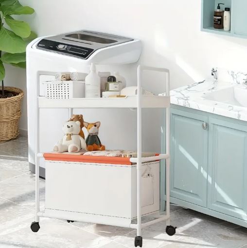 2-Tier Rolling Storage Cart with Handle - Durable Plastic & Metal, Mobile Organizer for Office, Kitchen, Laundry, Outdoor - White/ Black/ Dark Green
