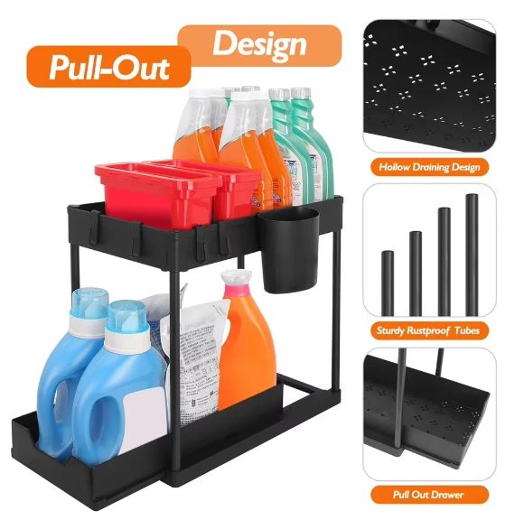 2-Tier Under Sink Sliding Drawer Storage Organizer Rack Multi-Purpose Holder for Kitchen Bathroom Cabinet