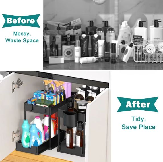 2-Tier Under Sink Sliding Drawer Storage Organizer Rack Multi-Purpose Holder for Kitchen Bathroom Cabinet