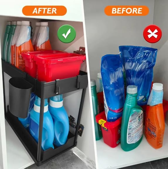 2-Tier Under Sink Sliding Drawer Storage Organizer Rack Multi-Purpose Holder for Kitchen Bathroom Cabinet
