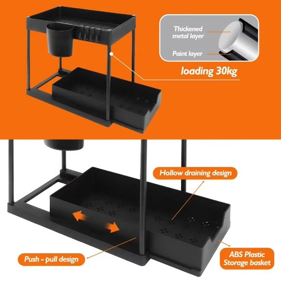 2-Tier Under Sink Sliding Drawer Storage Organizer Rack Multi-Purpose Holder for Kitchen Bathroom Cabinet