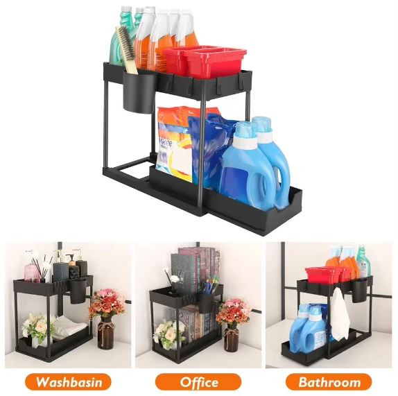 2-Tier Under Sink Sliding Drawer Storage Organizer Rack Multi-Purpose Holder for Kitchen Bathroom Cabinet