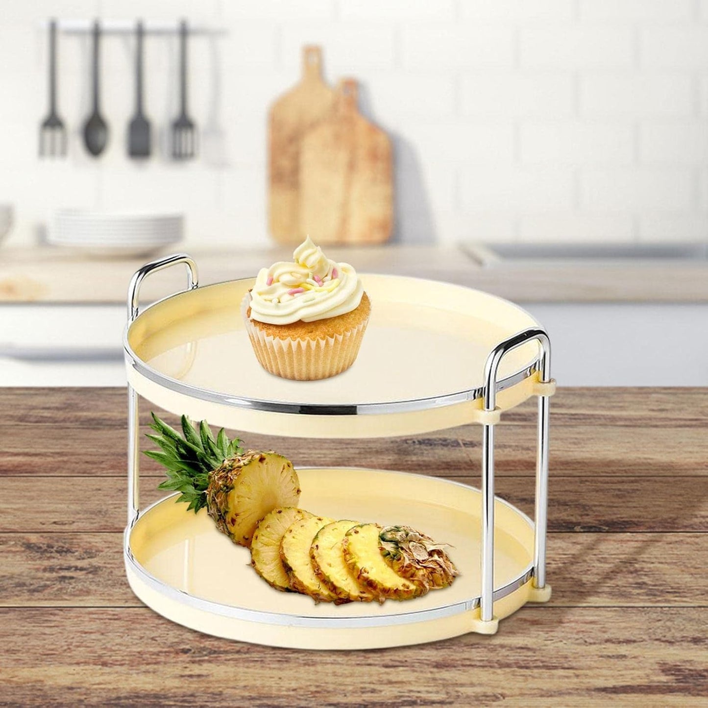 2 Tier Round Serving Tray with Handle (Beige)