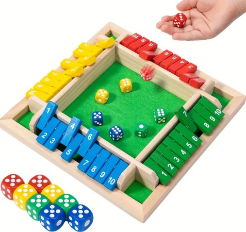 4-Player Wooden Dice Game - Interactive Party Board Game with Flip Cards, Standard Edition, for Ages 14+ Family-Friendly Entertainment