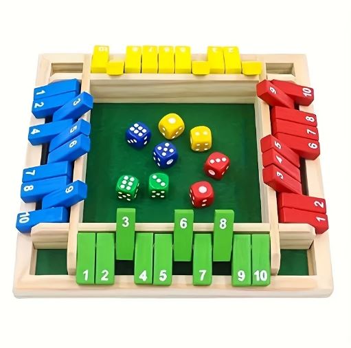 4-Player Wooden Dice Game - Interactive Party Board Game with Flip Cards, Standard Edition, for Ages 14+ Family-Friendly Entertainment