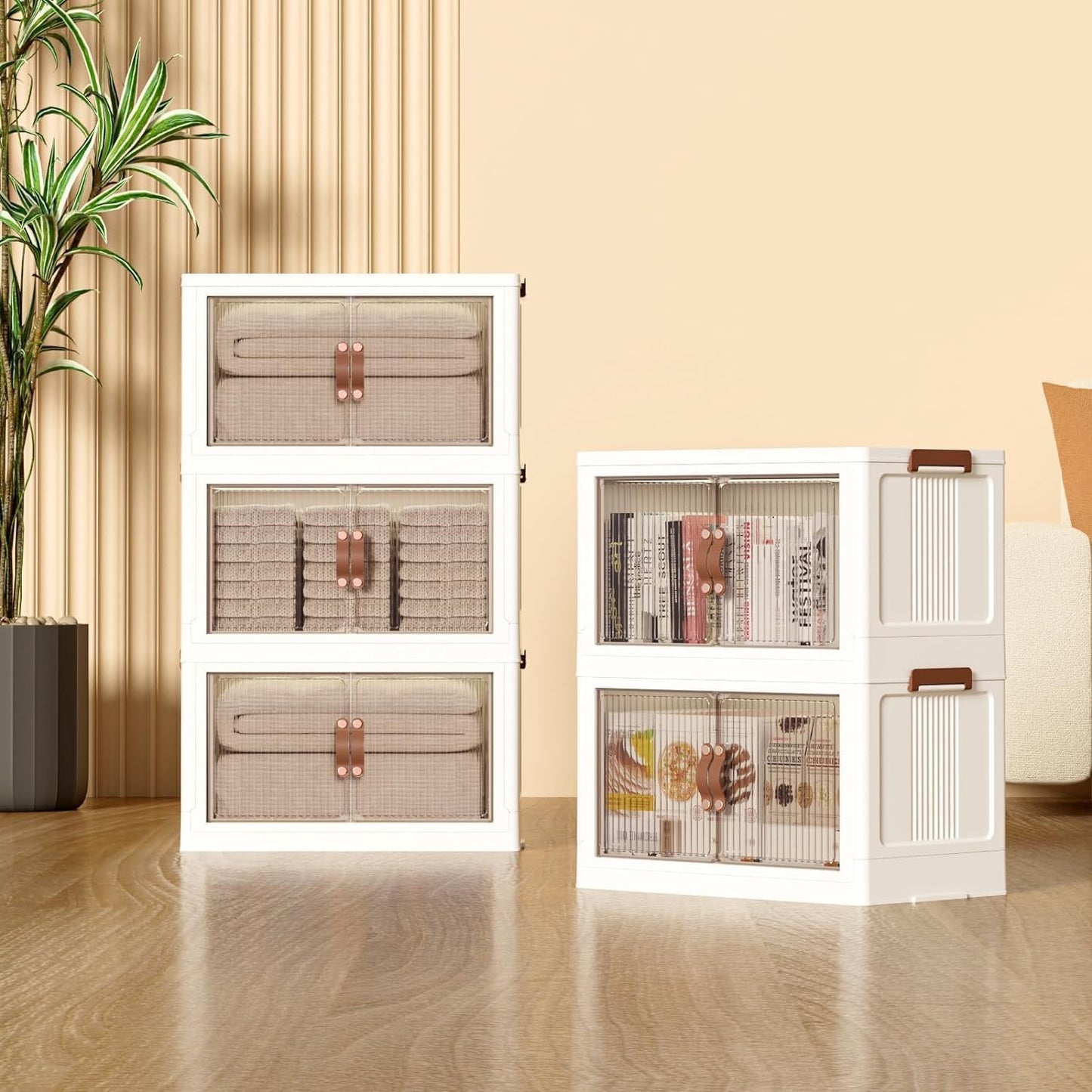 Plastic Storage Bins, 5-Tier Cabinet with Lids, Stackable Storage Containers with Magnetic Doors & Wheels, Foldable for Home Living Room Office Closet
