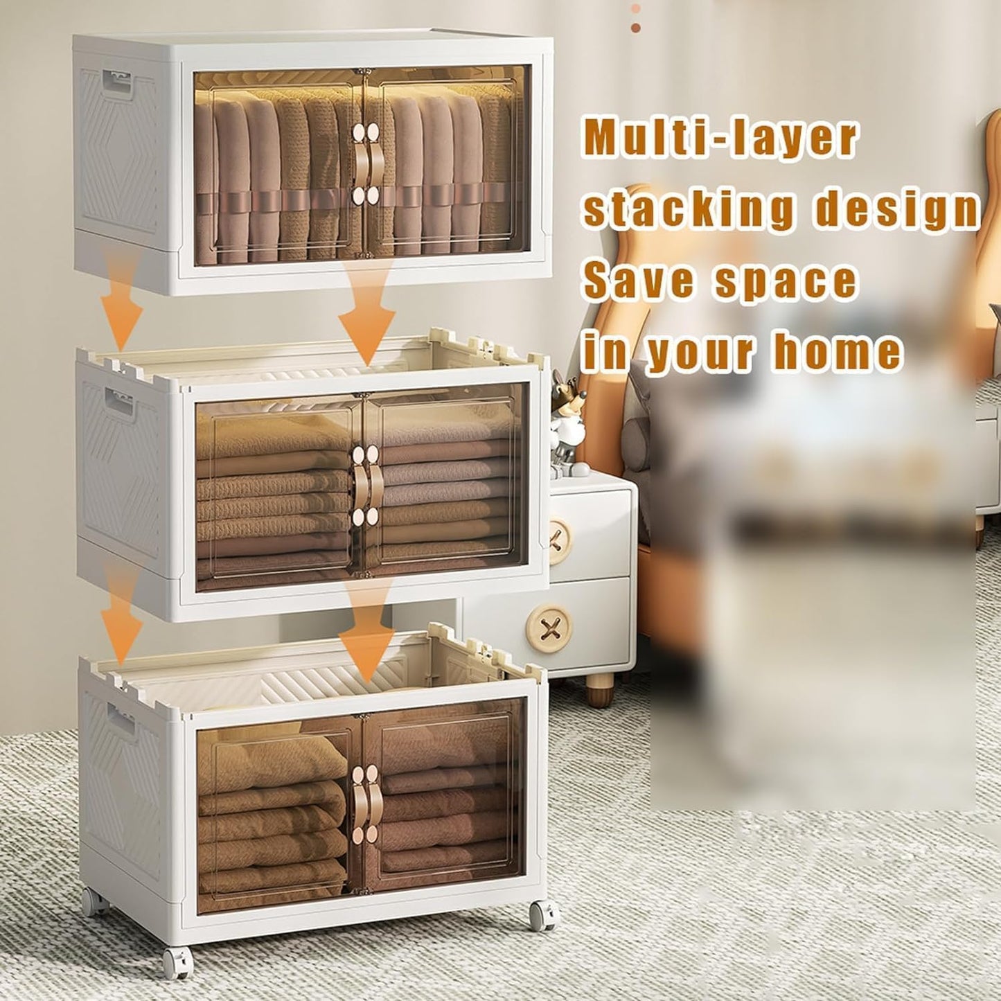 Plastic Storage Bins, 5-Tier Cabinet with Lids, Stackable Storage Containers with Magnetic Doors & Wheels, Foldable for Home Living Room Office Closet
