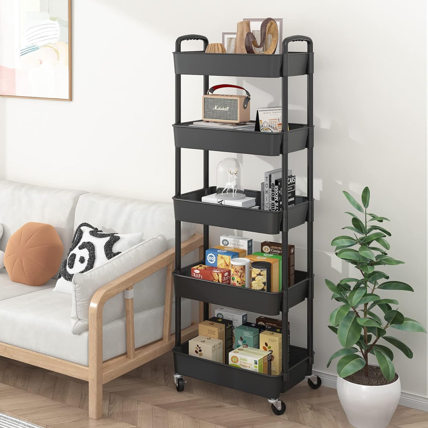 5-Tier Plastic Rolling Utility Cart with Handle, Multi-Functional Storage Trolley for Office, Living Room, Kitchen