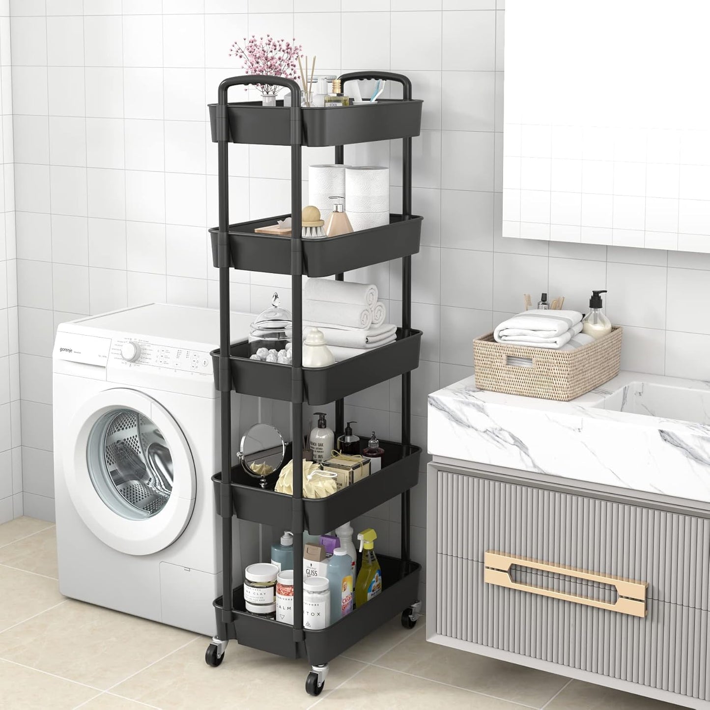 5-Tier Plastic Rolling Utility Cart with Handle, Multi-Functional Storage Trolley for Office, Living Room, Kitchen