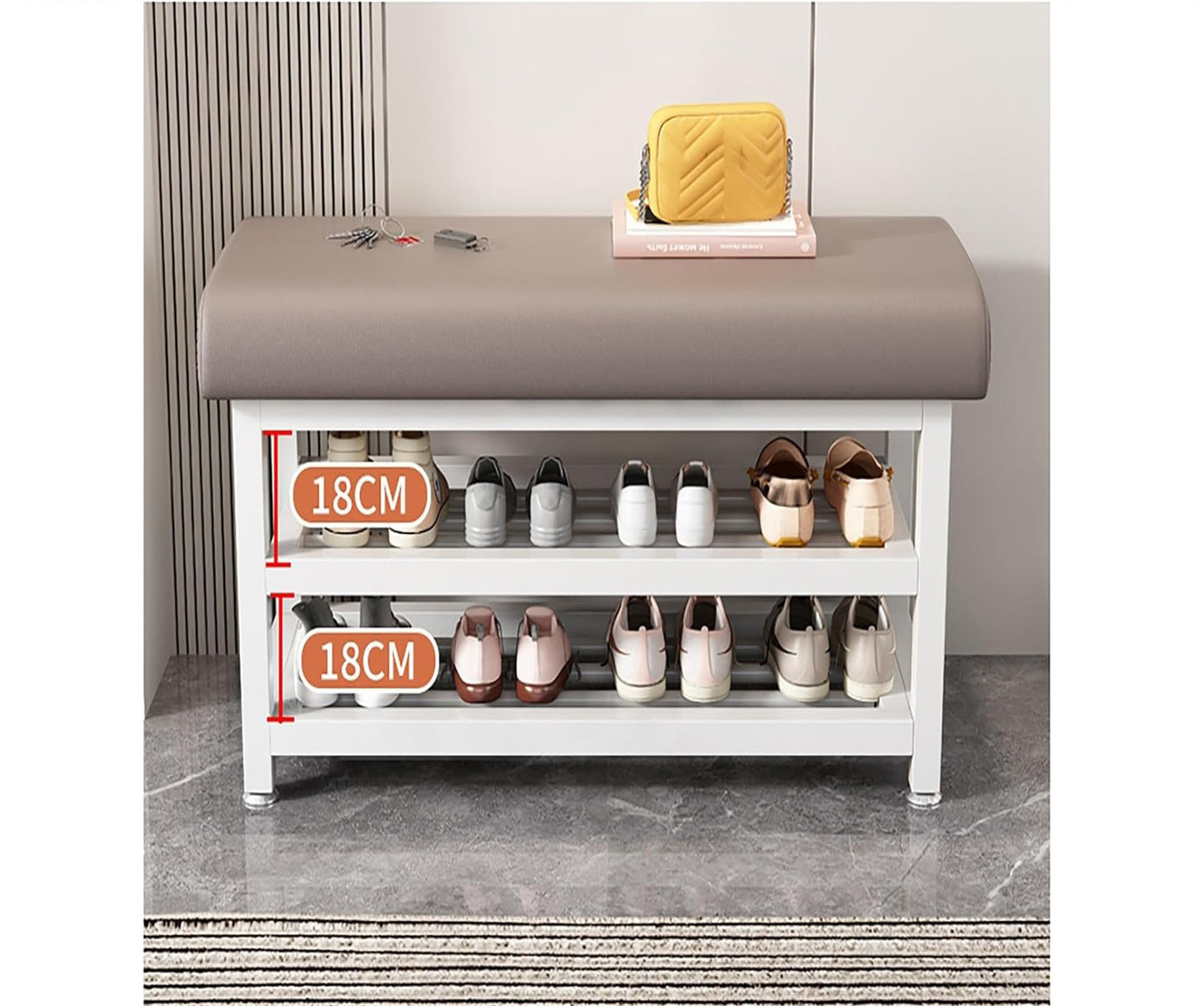 Shoe Bench Organizer with Cushion - 2 Tier Steel Shoe Rack Storage Bench