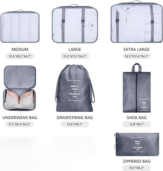 7pcs Set Travel Organizer Packing Cubes Lightweight Travel Luggage Organizers with Laundry Bag or Toiletry Bag