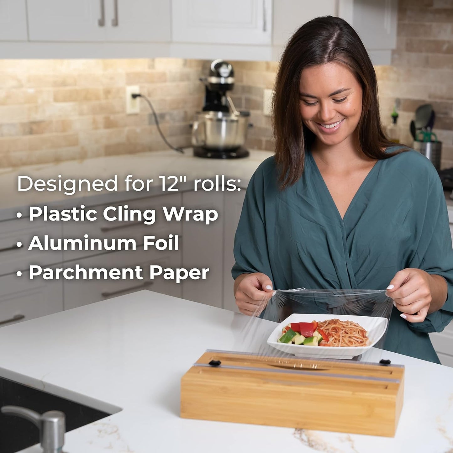 2 in 1 Bamboo Wood Plastic Wrap Dispenser with Slide Cutter, Aluminum foil Parchment Paper Cling Wrap Organizer Dispenser
