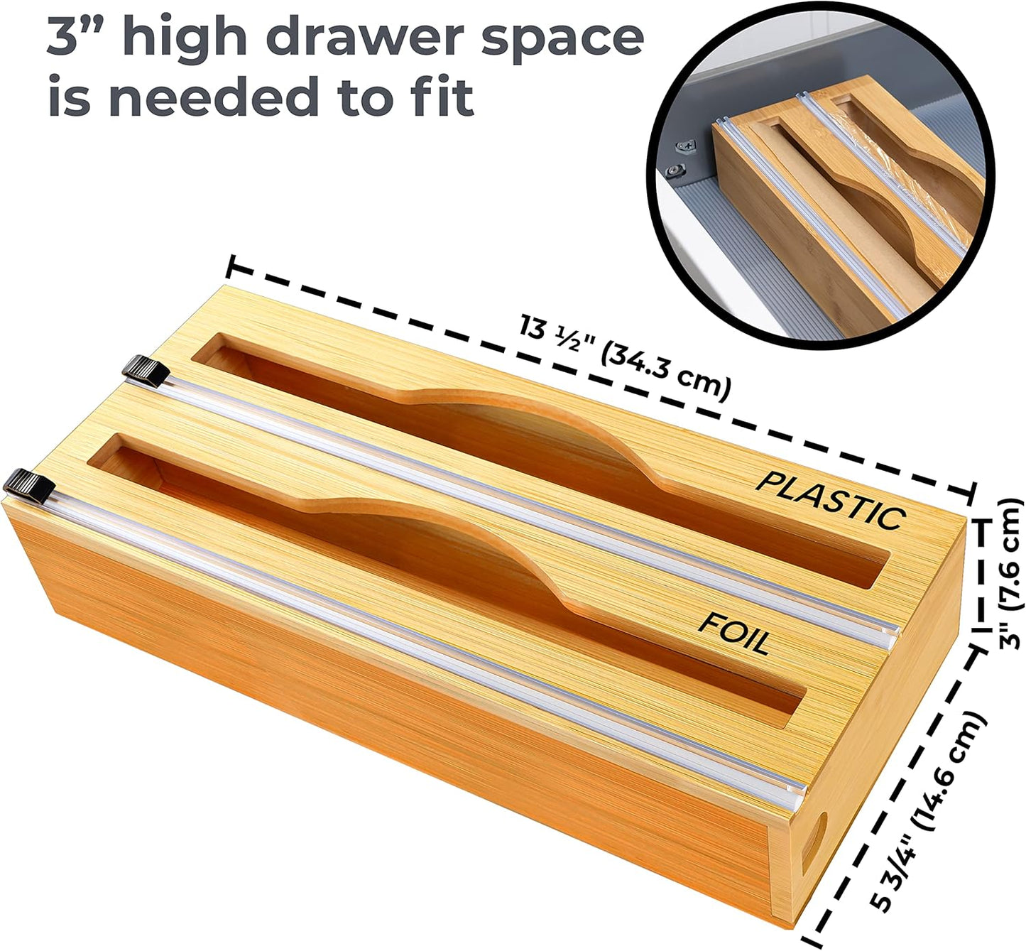2 in 1 Bamboo Wood Plastic Wrap Dispenser with Slide Cutter, Aluminum foil Parchment Paper Cling Wrap Organizer Dispenser