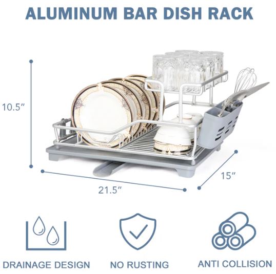 Aluminum Rustproof Dish Drying Rack with Drain Board Spout Tray and Utensil Holder