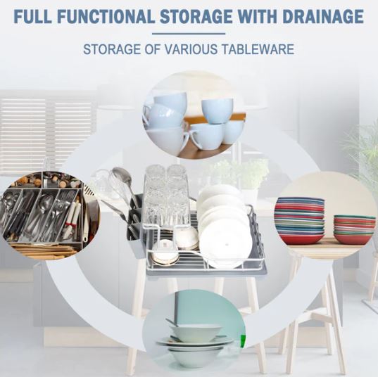Aluminum Rustproof Dish Drying Rack with Drain Board Spout Tray and Utensil Holder