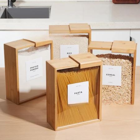 Bamboo Grain Storage Box Airtight Square Pantry Organizer for Rice, Cereal, Dry Goods