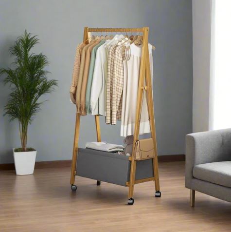 Bamboo Wooden Clothes Stand, Clothes Rack with Storage Shelf