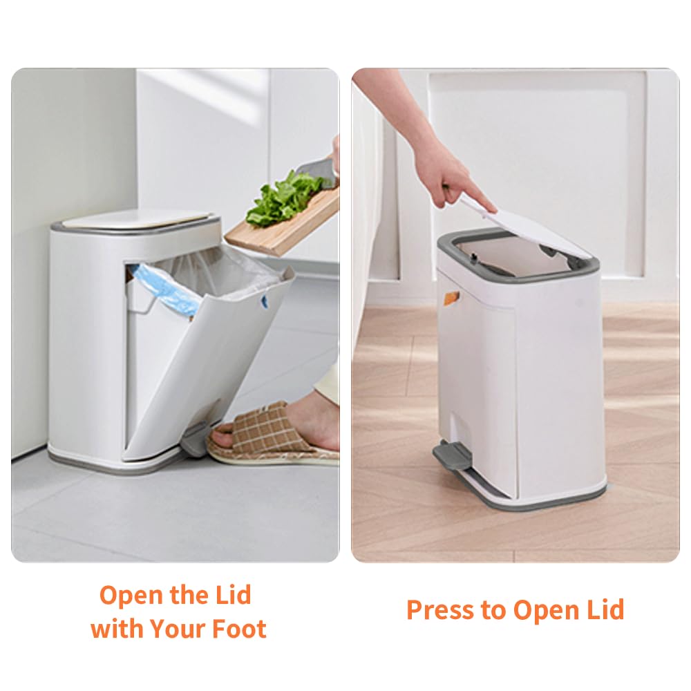 Bathroom Trash Can with Lid, Plastic Garbage can with Press top Lid for Kitchen, Bathroom, Bedroom, Living Room, Offices