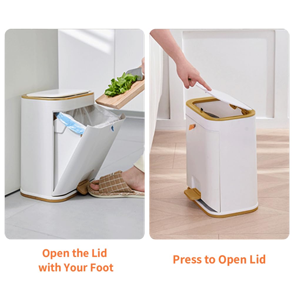 Bathroom Trash Can with Lid, Plastic Garbage can with Press top Lid for Kitchen, Bathroom, Bedroom, Living Room, Offices