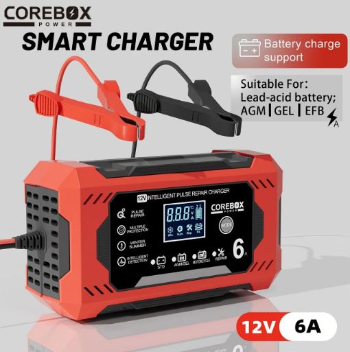 Smart Battery Charger 12V 6A with LCD Display - Versatile Lead-Acid Trickle Charger for Cars, Trucks, Motorcycles, Lawn Mowers, and Marine Vehicles