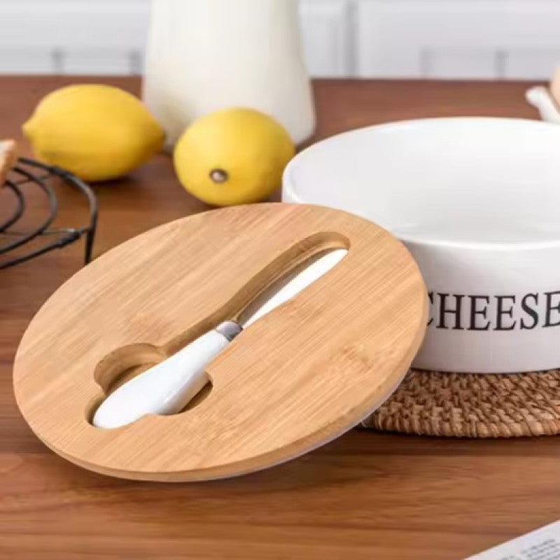 Cheese Sealing Box Ceramic Butter Plate Cheese Storage Tray Container Box + Lid and Knives Set