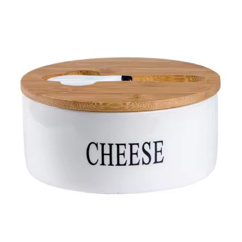 Cheese Sealing Box Ceramic Butter Plate Cheese Storage Tray Container Box + Lid and Knives Set