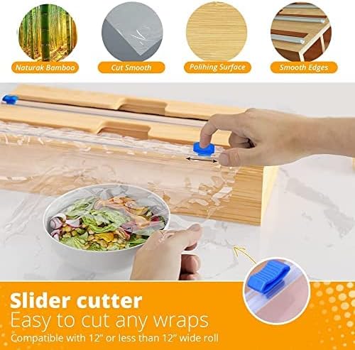 2 in 1 Bamboo Wood Plastic Wrap Dispenser with Slide Cutter, Aluminum foil Parchment Paper Cling Wrap Organizer Dispenser