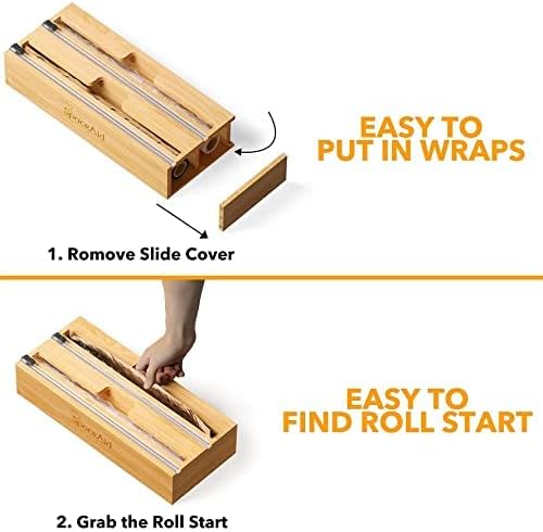 2 in 1 Bamboo Wood Plastic Wrap Dispenser with Slide Cutter, Aluminum foil Parchment Paper Cling Wrap Organizer Dispenser